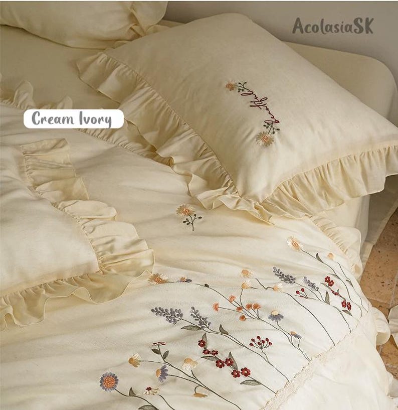 Kühlender Tencel Lyocell Bettwäsche-Set, Wildblumen Stickerei Bettwäsche, Creme Elfenbein Rüschenbesatz Bild 3