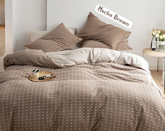 Mocha Brown Tiny Floral Cotton Duvet Cover Set, Cream Ivory Micro Floral Bed Linen