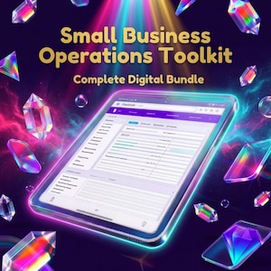 Può includere: Un tablet digitale che mostra un'interfaccia di foglio di calcolo, circondato da cristalli iridescenti fluttuanti su uno sfondo viola scuro con effetti di luce al neon. Il testo recita Small Business Operations Toolkit Complete Digital Bundle.