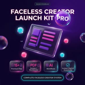 Puede incluir: Anuncio de un producto digital, el "FACELESS CREATOR LAUNCH KIT PRO." La imagen presenta una representación 3D de un cuaderno digital con páginas moradas y rosas, rodeado de esferas flotantes. El kit incluye archivos premium, guías, cuadernos de trabajo, flujos de trabajo de IA y descarga digital instantánea.