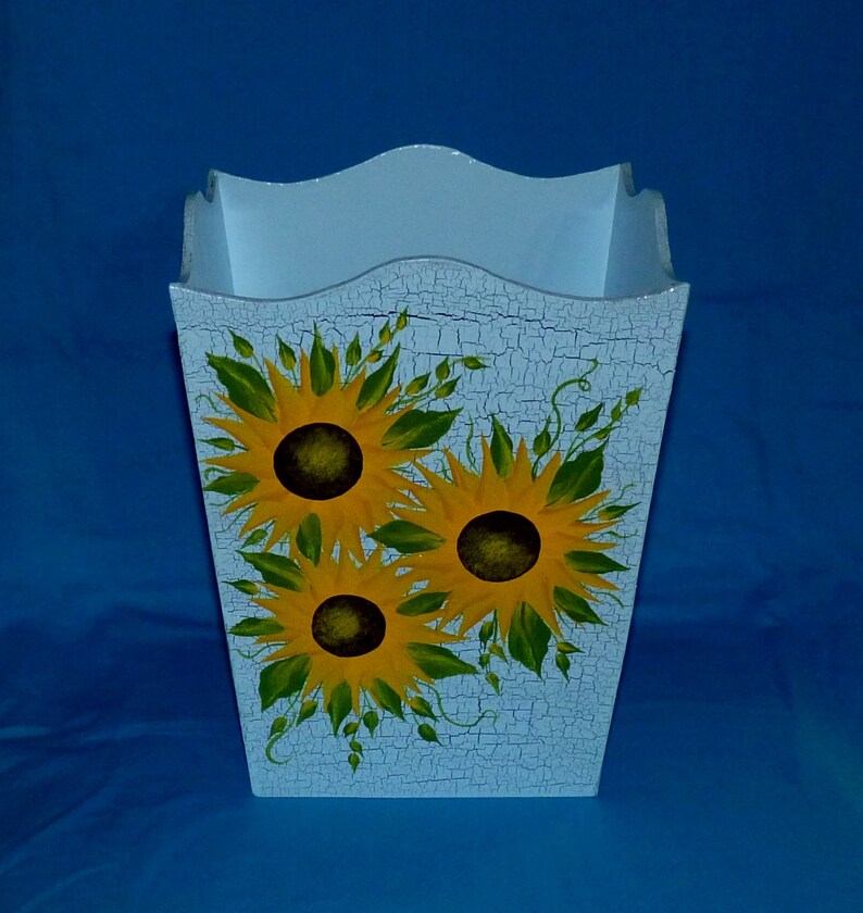 Wood Trash Can Decorative Hand Painted Waste Basket Sunflowers Etsy