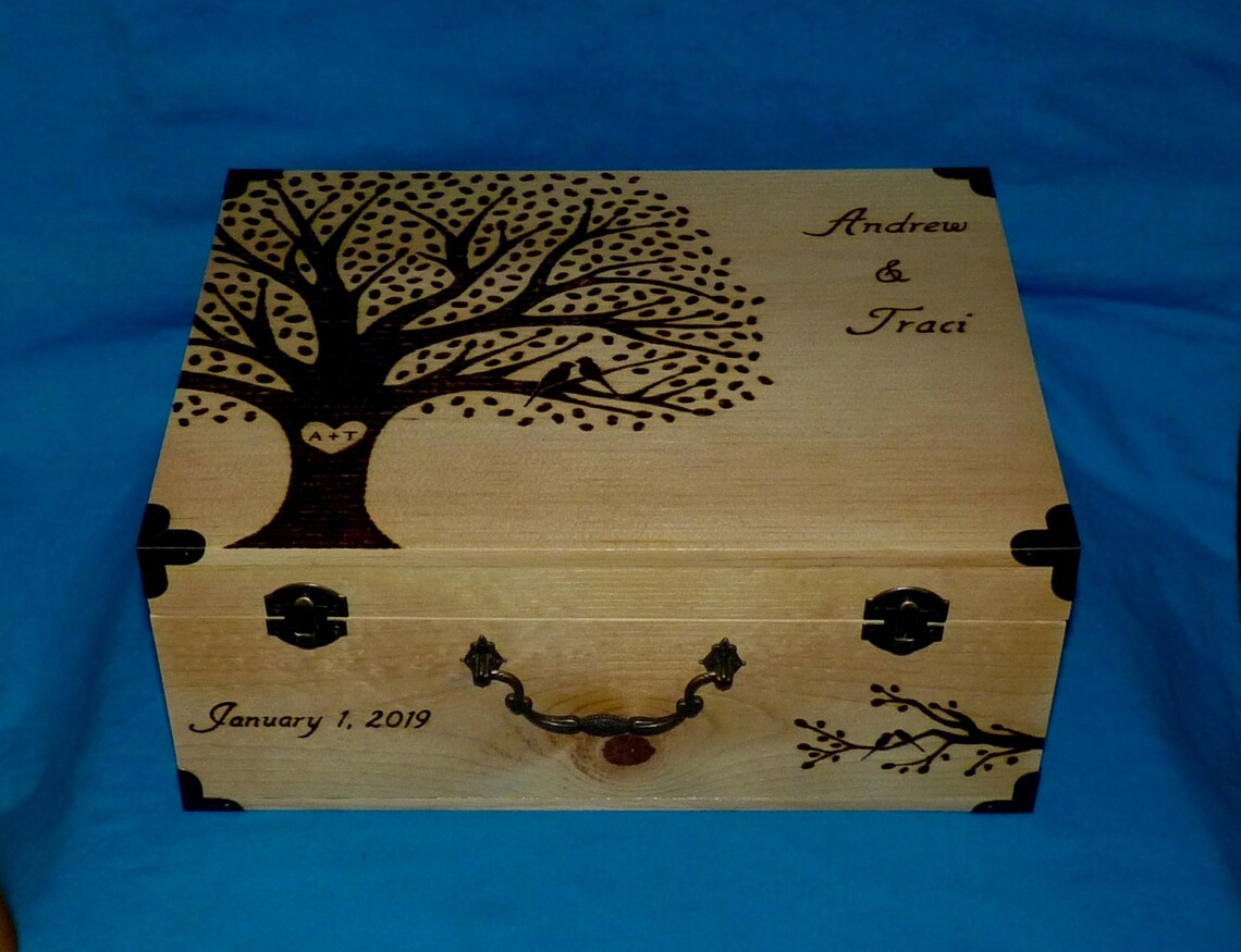 Decorative Wooden Wedding Box Wood Burned Large Card Holder Etsy