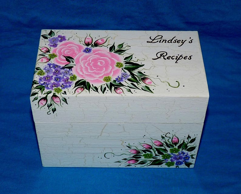Housewarming Gift Wedding Gift Painted Flowers 4x6 Recipe Storage Box Recipe Box Personalized Custom Large Wood Recipe Card Holder