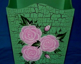 Wooden Trash Can Custom Hand Painted Waste Basket Pink Roses Garbage Can Decorative Shabby Chic Office Bedroom Home Decor Housewarming Gift