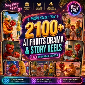 May include: A digital promotional graphic for a collection of 2100+ AI-generated fruit-themed drama and story reels. The design features multiple smartphone screens displaying animated fruit characters in various scenes, with bold text overlays.