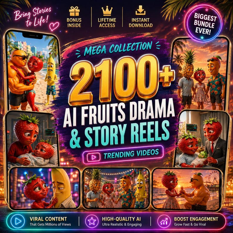 May include: A digital promotional graphic for a collection of 2100+ AI-generated fruit-themed drama and story reels. The design features multiple smartphone screens displaying animated fruit characters in various scenes, with bold text overlays.