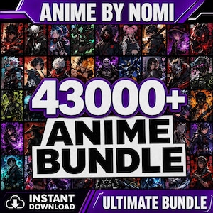 Puede incluir: Una colección digital de más de 43000 ilustraciones de personajes estilo anime con figuras diversas en entornos oscuros, vibrantes y orientados a la acción. El gráfico incluye el texto ANIME BY NOMI, 43000+ ANIME BUNDLE y ULTIMATE BUNDLE.