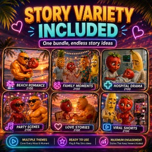 May include: A digital bundle titled STORY VARIETY INCLUDED featuring six panels with anthropomorphic fruit characters in various scenarios: Beach Romance, Family Moments, Hospital Drama, Party Scenes, Love Stories, and Viral Shorts.