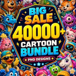 May include: A vibrant digital illustration featuring a collection of cartoon characters surrounding a central graphic. The graphic reads "BIG SALE 40000+ CARTOON BUNDLE PNG DESIGNS" in bold, colorful text. The characters include a bear, bunny, dinosaur, fox, and others.