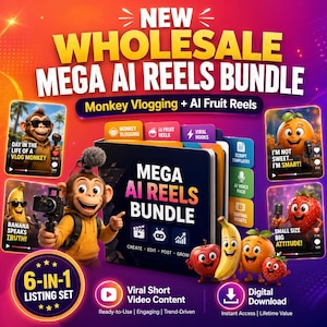 Op de afbeelding: Een digitaal productpakket getiteld NEW WHOLESALE MEGA AI REELS BUNDLE met apenvlogs en AI-fruitreels. De afbeelding bevat een apenfiguur, geanimeerde fruitpersonages en tekstlabels voor scripttemplates, AI-stemmen en bewerkingsbestanden.