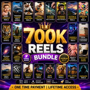 Könnte beinhalten: Eine digitale Marketing-Bundle-Grafik mit dem Text 700K REELS BUNDLE und einem goldenen Kronensymbol. Das Bild zeigt achtundzwanzig einzelne smartphoneförmige Felder, die verschiedene Videocontent-Nischen wie Fitness und Reisen darstellen.