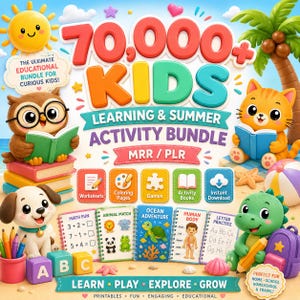 Könnte beinhalten: Ein digitales Lernpaket für Kinder mit dem Text 70,000+ KIDS LEARNING & SUMMER ACTIVITY BUNDLE. Die Grafik zeigt eine Eule, eine Katze, einen Hund und einen Dinosaurier als Cartoon sowie Symbole für Arbeitsblätter und Lernspiele.