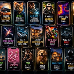 May include: A digital display featuring twenty smartphone screens arranged in a grid, each showcasing a unique video content theme with bold text labels like Baby Podcast, AI Cat Stories, Luxury Lifestyle, and Art & Craft Reels Bundle.