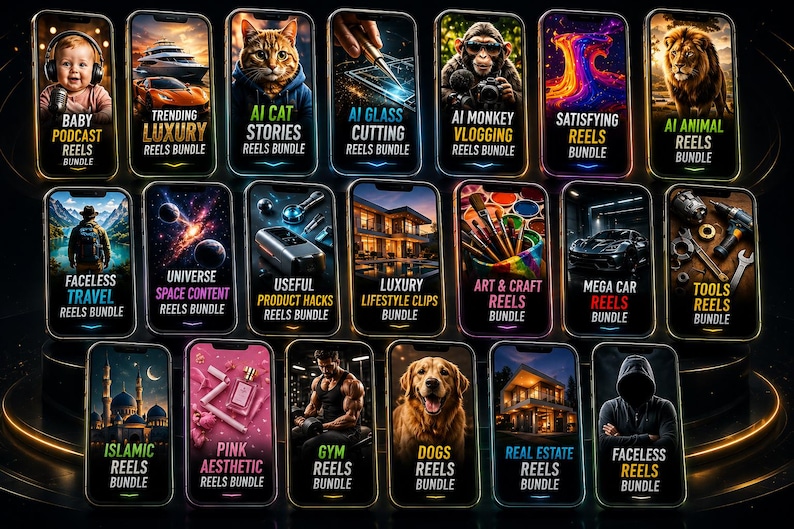 May include: A digital display featuring twenty smartphone screens arranged in a grid, each showcasing a unique video content theme with bold text labels like Baby Podcast, AI Cat Stories, Luxury Lifestyle, and Art & Craft Reels Bundle.
