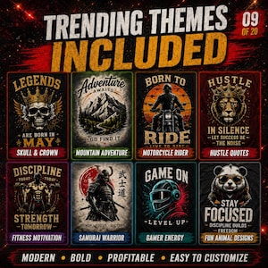 May include: A digital graphic display featuring eight distinct rectangular posters with various themes including a skull with a crown, mountain landscape, motorcycle rider, lion, bodybuilder, samurai, gamer, and panda, all with bold text.