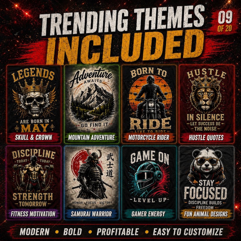 May include: A digital graphic display featuring eight distinct rectangular posters with various themes including a skull with a crown, mountain landscape, motorcycle rider, lion, bodybuilder, samurai, gamer, and panda, all with bold text.