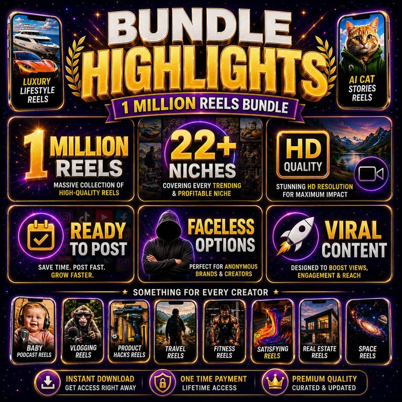 May include: A digital marketing graphic titled BUNDLE HIGHLIGHTS 1 MILLION REELS BUNDLE. It features gold text on a dark background, showcasing 22+ niches, HD quality, faceless options, and viral content. Includes icons for baby, vlogging, travel, fitness, and space.