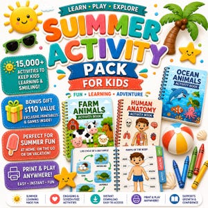 May include: A colorful Summer Activity Pack for Kids, featuring activity books on farm animals, human anatomy, and ocean animals. Includes a beach ball, crayons, and a smiling sun graphic. Perfect for fun and learning.