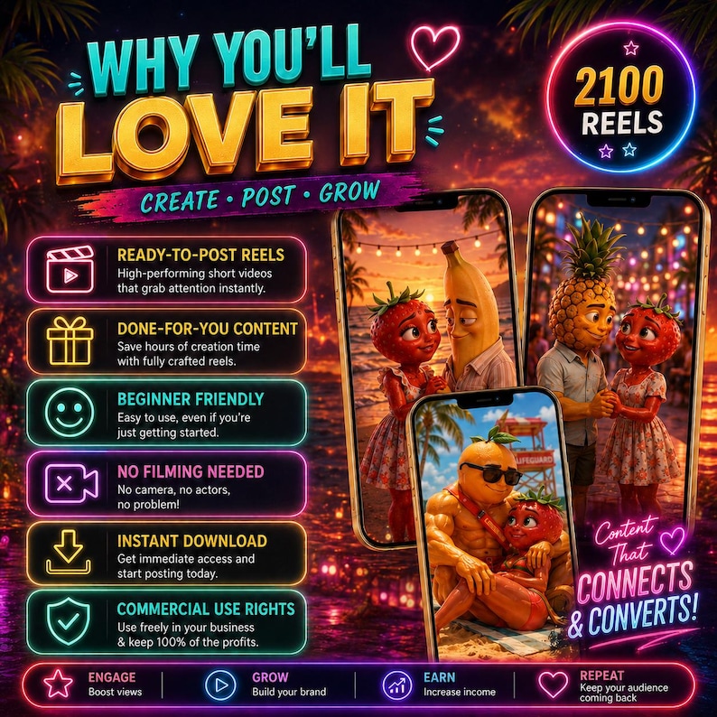 May include: A digital marketing graphic featuring the text WHY YOU'LL LOVE IT and 2100 REELS. It displays three smartphone screens showing animated fruit characters in tropical settings, alongside a list of features including ready-to-post reels.