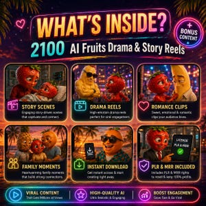 May include: A digital promotional graphic titled WHAT'S INSIDE? featuring 2100 AI Fruits Drama & Story Reels. The layout includes six framed images of anthropomorphic fruit characters, neon icons, and text detailing story scenes, drama, and bonus content.