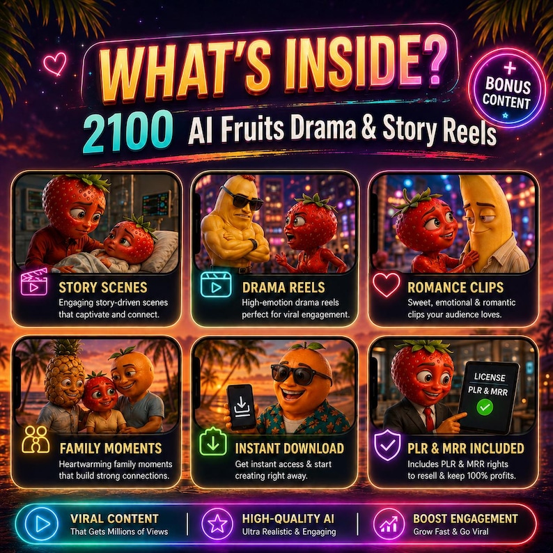 May include: A digital promotional graphic titled WHAT'S INSIDE? featuring 2100 AI Fruits Drama & Story Reels. The layout includes six framed images of anthropomorphic fruit characters, neon icons, and text detailing story scenes, drama, and bonus content.