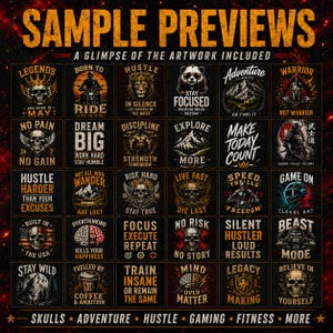 May include: A collection of thirty square graphic art prints arranged in a grid, featuring motivational quotes and illustrations including skulls, mountains, animals, and fitness themes. The text includes phrases like Legends Are Born In May, Hustle In Silence, and Beast Mode.