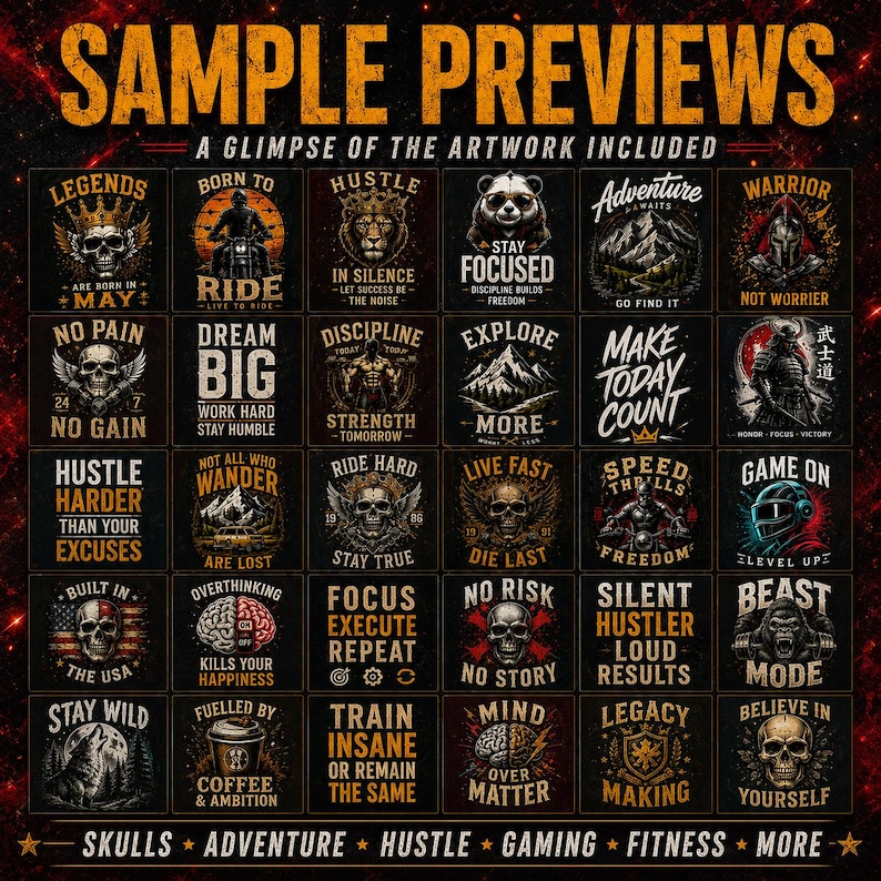 May include: A collection of thirty square graphic art prints arranged in a grid, featuring motivational quotes and illustrations including skulls, mountains, animals, and fitness themes. The text includes phrases like Legends Are Born In May, Hustle In Silence, and Beast Mode.