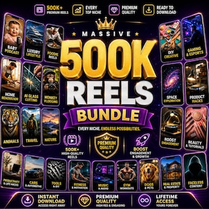 May include: A digital marketing graphic for a 500K Reels Bundle featuring gold text and a purple banner. The layout displays numerous smartphone-shaped thumbnails showcasing various niches like fitness, travel, food, and gaming on a dark background.