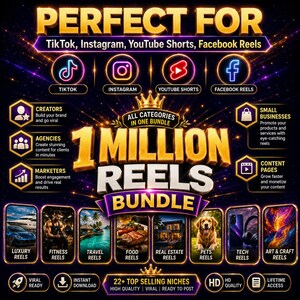 May include: A digital marketing graphic titled 1 MILLION REELS BUNDLE featuring gold text on a dark purple background. It displays icons for TikTok, Instagram, YouTube Shorts, and Facebook Reels, alongside various niche categories like fitness, travel, and food.