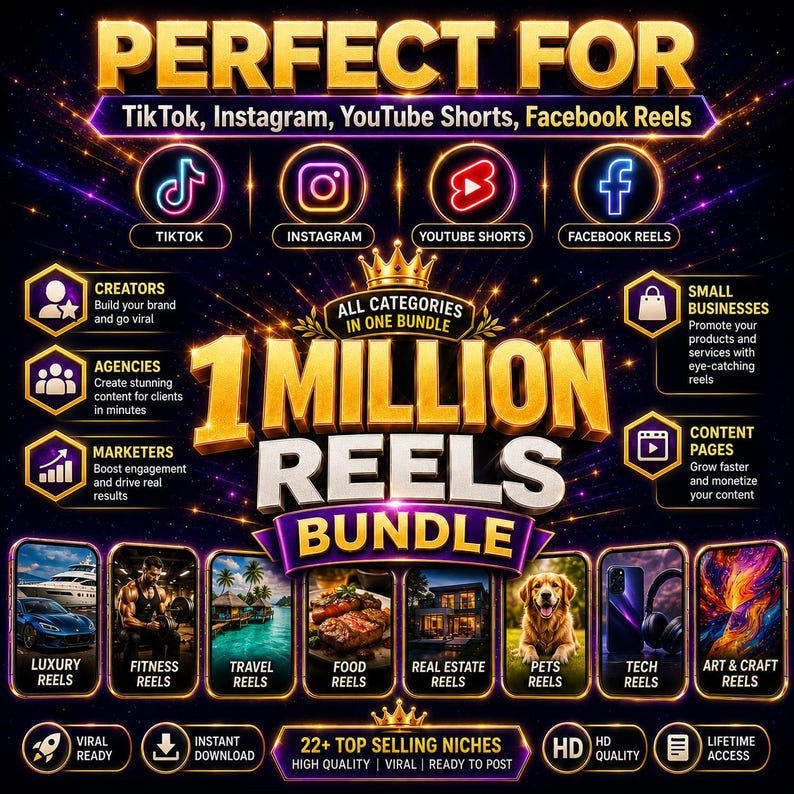 May include: A digital marketing graphic titled 1 MILLION REELS BUNDLE featuring gold text on a dark purple background. It displays icons for TikTok, Instagram, YouTube Shorts, and Facebook Reels, alongside various niche categories like fitness, travel, and food.