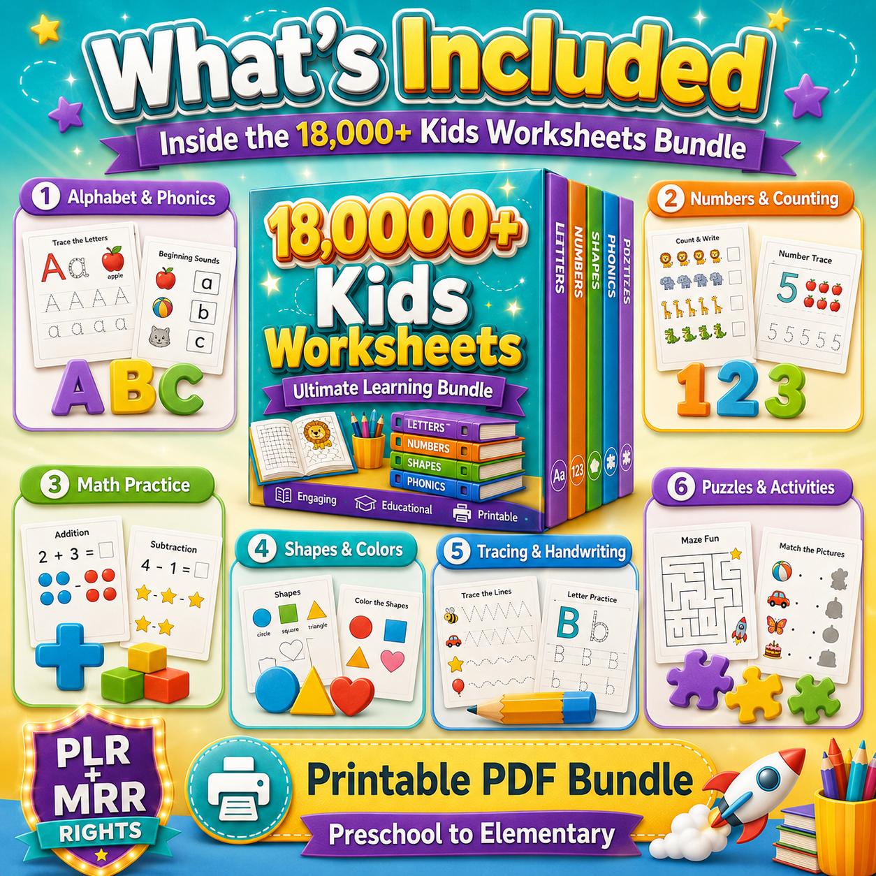 18,000+ Kids Learning Worksheets Bundle | Preschool to Elementary ...