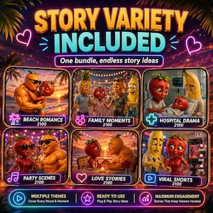 May include: A digital bundle titled STORY VARIETY INCLUDED featuring six panels with anthropomorphic fruit characters in various scenarios: Beach Romance, Family Moments, Hospital Drama, Party Scenes, Love Stories, and Viral Shorts.