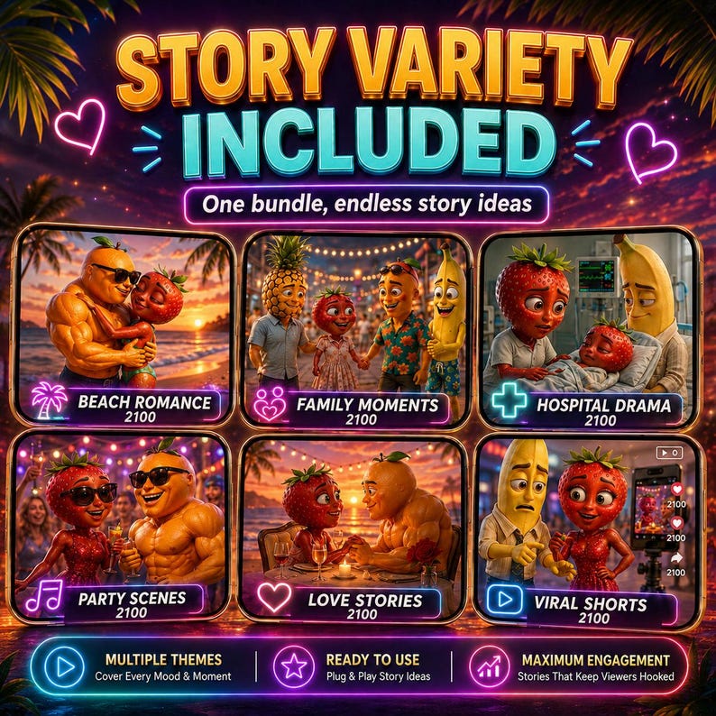 May include: A digital bundle titled STORY VARIETY INCLUDED featuring six panels with anthropomorphic fruit characters in various scenarios: Beach Romance, Family Moments, Hospital Drama, Party Scenes, Love Stories, and Viral Shorts.