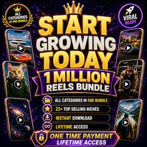 May include: A digital marketing graphic featuring the text START GROWING TODAY 1 MILLION REELS BUNDLE. The design includes six smartphone frames displaying various video clips, a golden crown icon, and lists features like 22+ top selling niches.