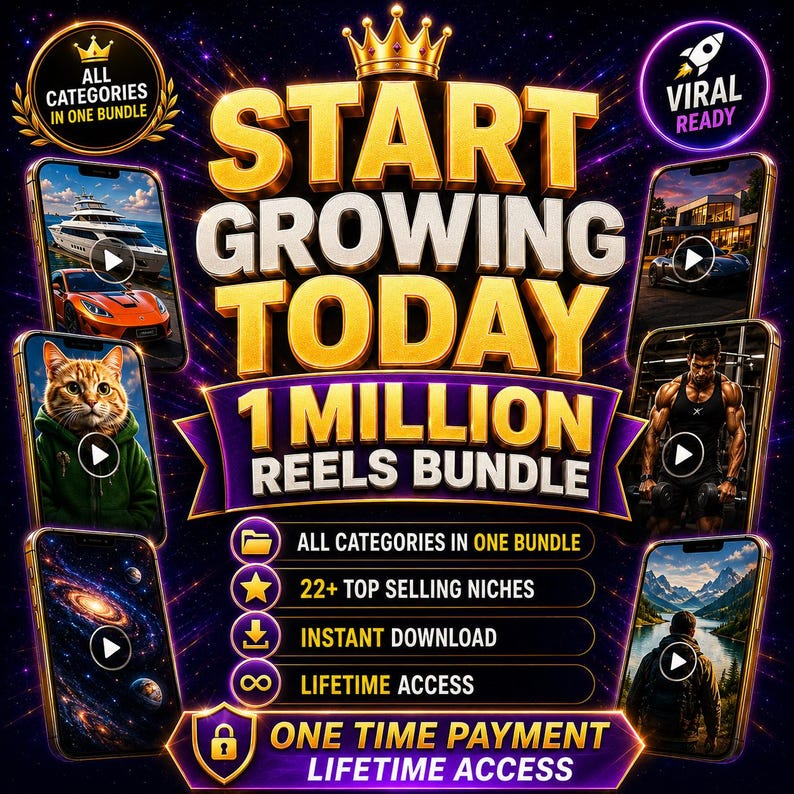 May include: A digital marketing graphic featuring the text START GROWING TODAY 1 MILLION REELS BUNDLE. The design includes six smartphone frames displaying various video clips, a golden crown icon, and lists features like 22+ top selling niches.