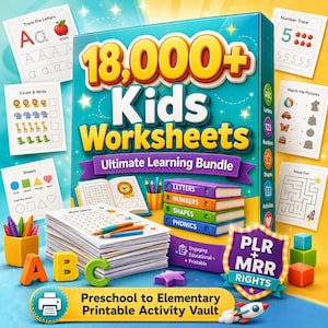 Pode incluir: Um pacote de produtos digitais intitulado 18,000+ Kids Worksheets Ultimate Learning Bundle, contendo folhas de exercícios educativas coloridas, pilhas de papel, um porta-lápis, blocos do alfabeto e um escudo com PLR + MRR RIGHTS.