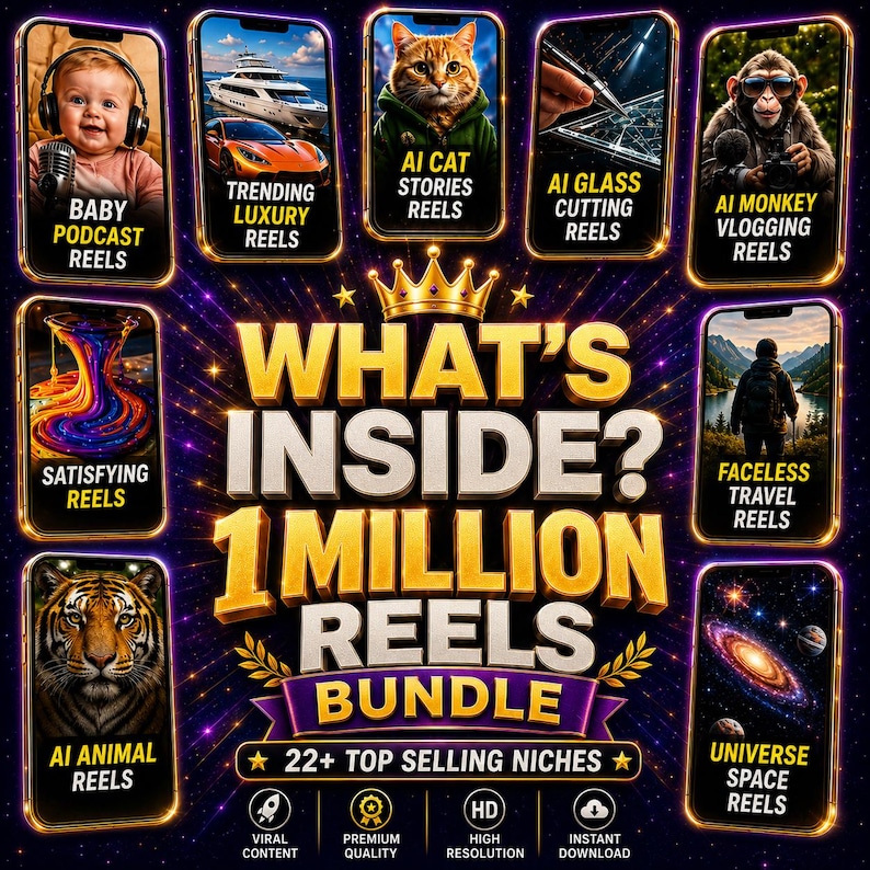 May include: A digital marketing bundle graphic titled WHAT'S INSIDE? 1 MILLION REELS BUNDLE. It features nine smartphone-shaped frames displaying various video niches like baby podcasts, luxury cars, cats, glass cutting, monkeys, travel, and space.