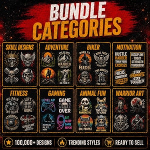 May include: A digital graphic display titled BUNDLE CATEGORIES featuring eight sections of themed illustrations including skulls, adventure, biker, motivation, fitness, gaming, animal fun, and warrior art with text overlays on a dark background.