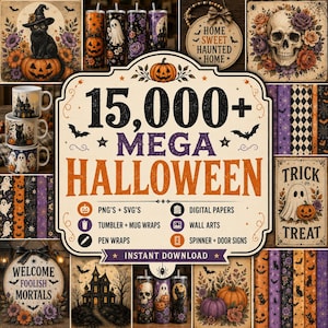 Op de afbeelding: Een digitale collectie van 15.000 Halloween-thema afbeeldingen, inclusief PNG's, SVG's, digitaal papier, beker- en mokwikkels, penwikkels, muurkunst en deurborden. De centrale tekst luidt 15.000+ MEGA HALLOWEEN met diverse griezelige illustraties.