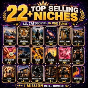 May include: A digital graphic titled 22+ TOP SELLING NICHES ALL CATEGORIES IN ONE BUNDLE featuring fifteen rectangular panels with gold borders. Each panel displays a unique theme like luxury, animals, travel, space, tools, and lifestyle.