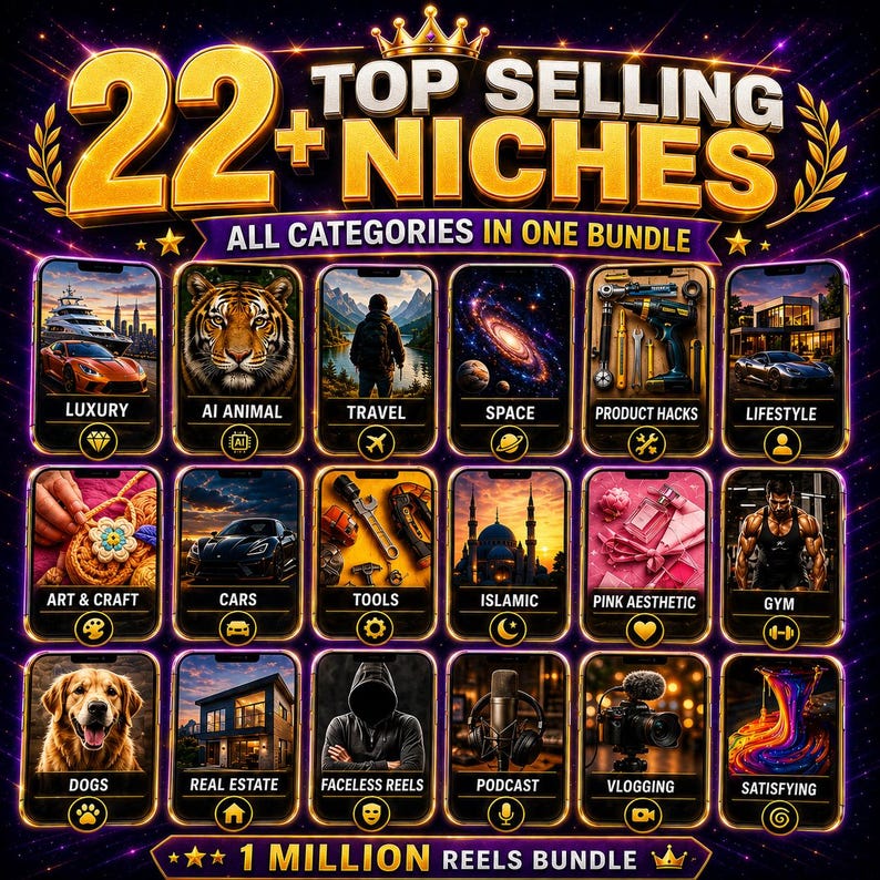 May include: A digital graphic titled 22+ TOP SELLING NICHES ALL CATEGORIES IN ONE BUNDLE featuring fifteen rectangular panels with gold borders. Each panel displays a unique theme like luxury, animals, travel, space, tools, and lifestyle.