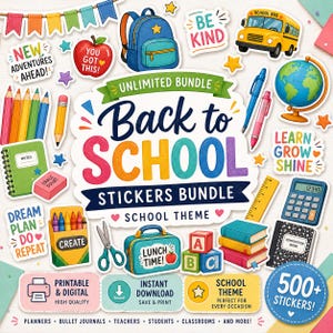 500+ klistermärken för skolstart, skolmaterial PNG, clipart för lärare och elever, utskrivbara digitala klistermärken, direktnedladdning