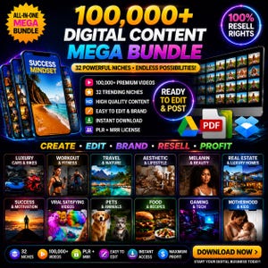 以下が含まれることがあります： 100,000+ DIGITAL CONTENT MEGA BUNDLEというテキストが記載されたデジタルコンテンツバンドルの広告。スマートフォンやコンピュータの画面に様々な動画ジャンル、ファイル形式のアイコン、32種類のカテゴリーリストが表示されています。