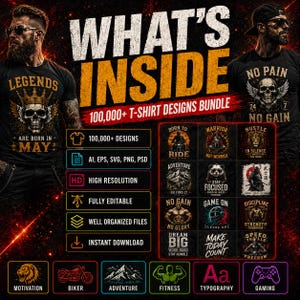 May include: A digital promotional graphic for a bundle of 100,000+ t-shirt designs. The text reads WHAT'S INSIDE 100,000+ T-SHIRT DESIGNS BUNDLE. It features various graphic examples including skulls, motorcycles, mountains, and motivational quotes.