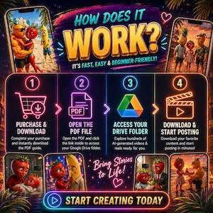 May include: An infographic titled HOW DOES IT WORK? IT'S FAST, EASY & BEGINNER-FRIENDLY! with four steps: 1. PURCHASE & DOWNLOAD, 2. OPEN THE PDF FILE, 3. ACCESS YOUR DRIVE FOLDER, 4. DOWNLOAD & START POSTING. Includes AI-generated fruit character imagery.