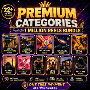 May include: A digital graphic titled PREMIUM CATEGORIES Inside the 1 MILLION REELS BUNDLE featuring 22+ niches. The image displays ten rectangular panels showcasing various themes including tools, luxury cars, crafts, gym, dogs, and real estate.