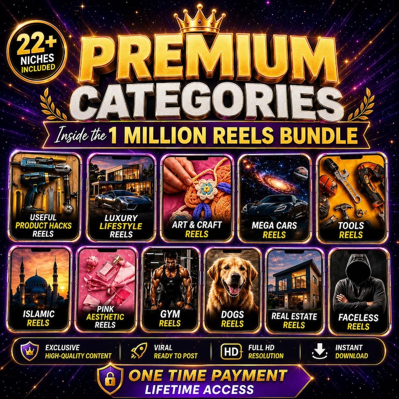 May include: A digital graphic titled PREMIUM CATEGORIES Inside the 1 MILLION REELS BUNDLE featuring 22+ niches. The image displays ten rectangular panels showcasing various themes including tools, luxury cars, crafts, gym, dogs, and real estate.