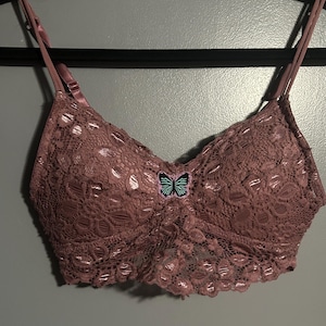 Butterfly Patch Embroidered Cute Lace Bra Plum Color Size Small