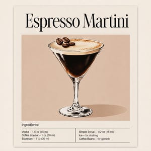 May include: An illustrated print featuring an Espresso Martini. The drink is in a classic martini glass, topped with a foamy layer and three coffee beans. The print includes the drink's name and ingredient list.