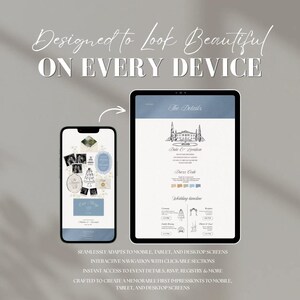 May include: A smartphone and a tablet displaying a digital wedding invitation website. The screens show text reading Designed to Look Beautiful ON EVERY DEVICE, The Details, Date & Location, Dress Code, and Wedding timeline with icons.